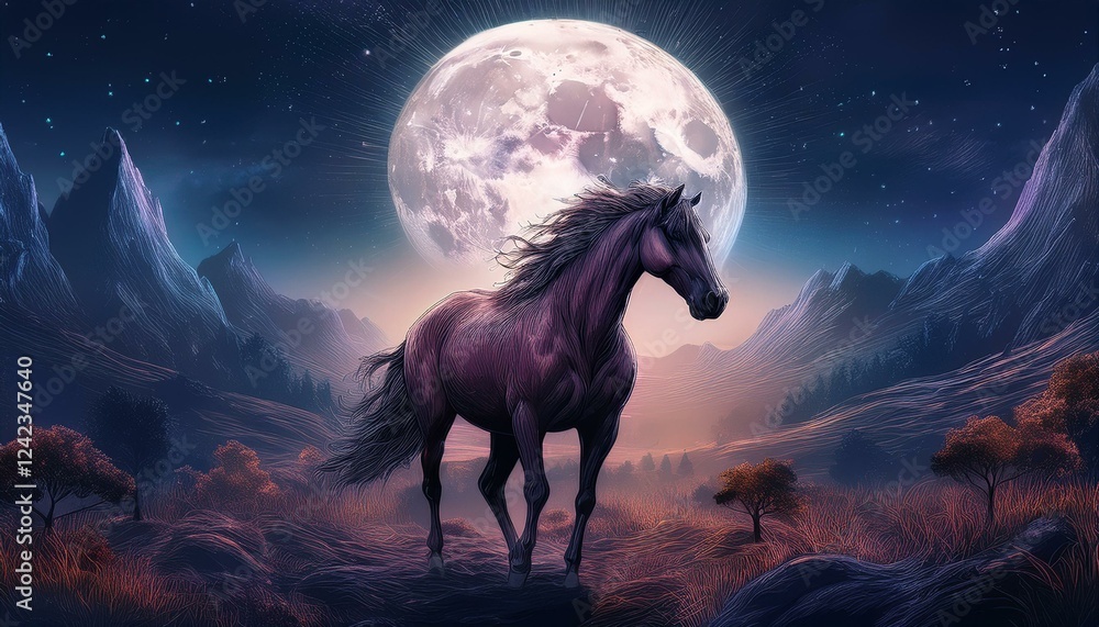 Fototapeta premium Horse in a brown dreamy mood with the big full moon