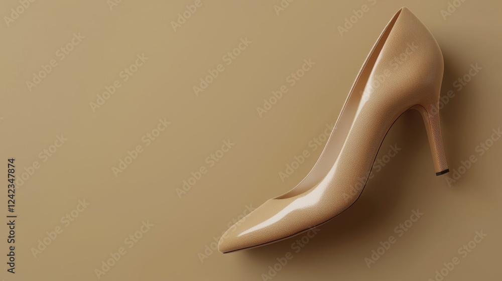 Fototapeta premium Nude colored high heels positioned on a soft beige background for fashion and footwear display