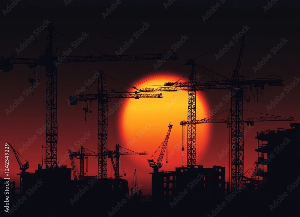 Naklejka premium Sunset Construction Site Silhouettes