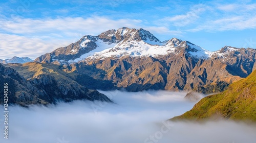 Snowcapped Mountain Peak Above Clouds in Valley