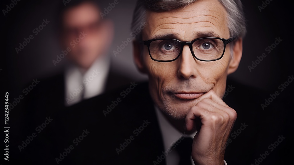 Professional portrait of a thoughtful businessman in a suit with a blurred colleague behind him Professional portrait of a thoughtful businessman in a suit with a blurred colleague behind him