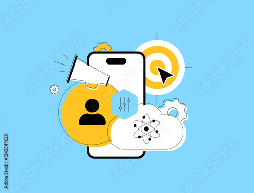 Quantum-enhanced personalized advertising. Depiction of quantum systems tailoring real-time ads to individual preferences, revolutionizing customer engagement. AI personalized ads vector illustration