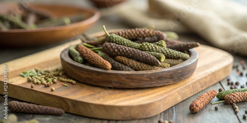 Tilt-Shift Photography of Indonesian Long Pepper on Wooden Plate, Spice Collection, Culinary Art, Rustic Kitchen Decor, Gourmet Ingredients, Exotic Seasoning, Culinary Herbs