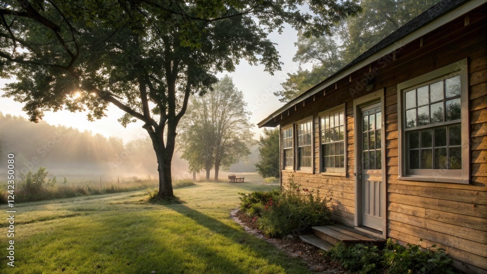 Tranquil Morning Relaxation Corner with Tree Shadows, Wooden Walls, and Natural Atmosphere by the House Tranquil Morning Relaxation Corner with Tree Shadows, Wooden Walls, and Natural Atmosphere by the House