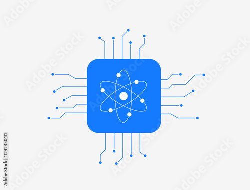 Quantum computing breakthroughs. Advanced processors and quantum bits, illustrating next leap in computational power and its internet applications. Quantum computing isolated flat vector illustration