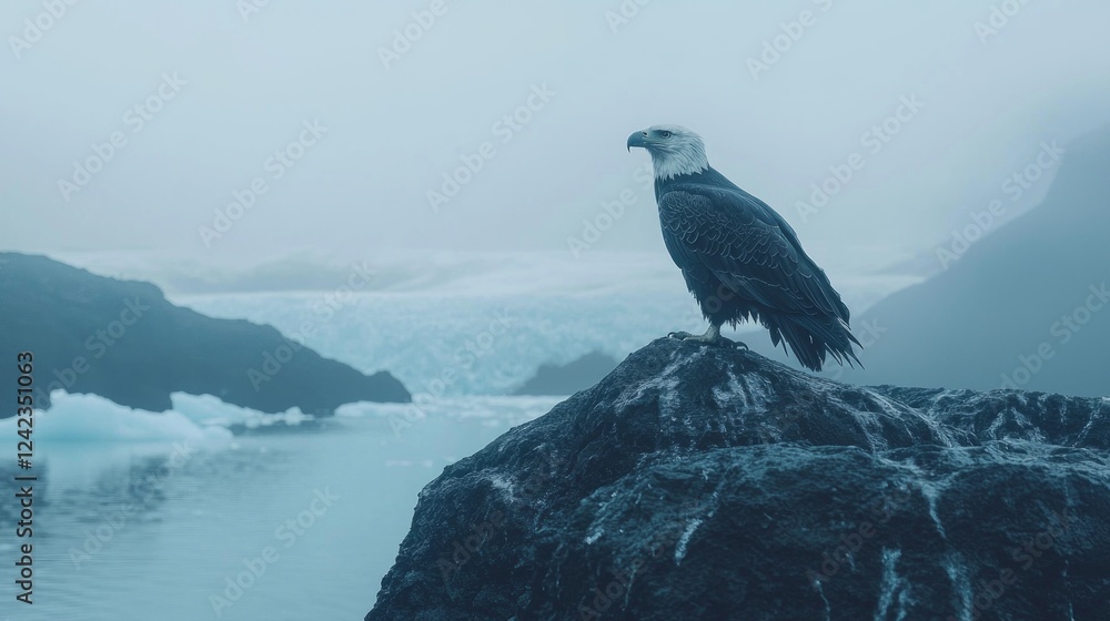 Fototapeta premium Majestic Eagle Perched on Rocky Outcrop Near Glacial Water Body