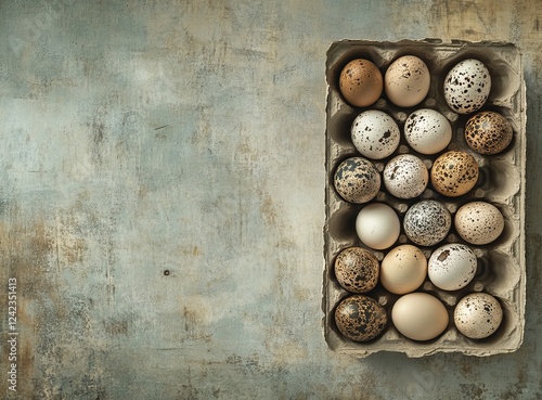 Rustic background, carton of diverse eggs photo