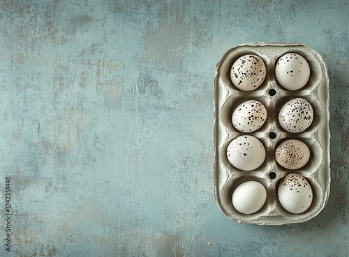 Speckled eggs carton, rustic background, overhead shot, Easter photo