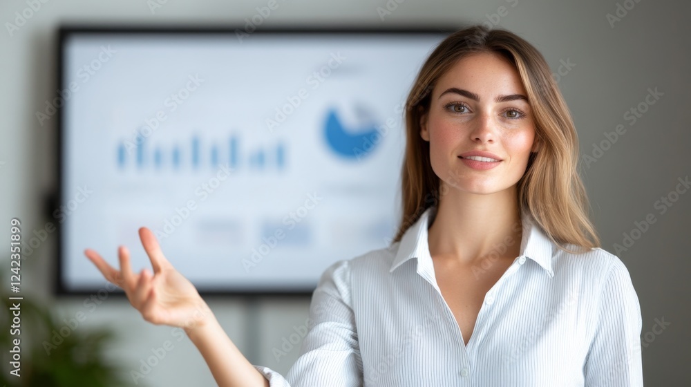A businesswoman presenting data on a smart board in a modern conference room A businesswoman presenting data on a smart board in a modern conference room