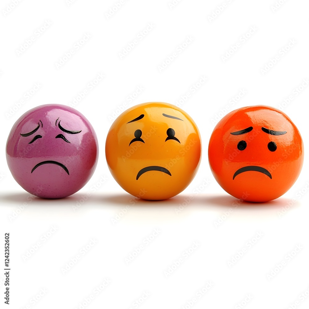 Diverse Emotional Expressions Represented by Colorful Spherical Shapes Against a White Background Diverse Emotional Expressions Represented by Colorful Spherical Shapes Against a White Background