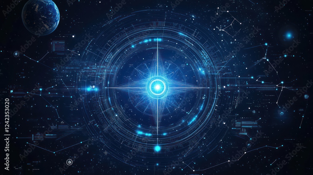 Obraz premium Futuristic digital compass in space with glowing star.