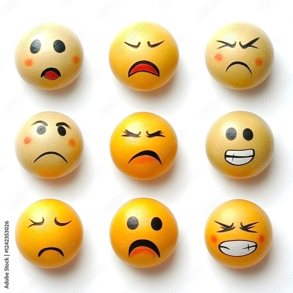 Variety of Expressive Emotional Facial Reaction Icons Displayed on Circular Backgrounds Variety of Expressive Emotional Facial Reaction Icons Displayed on Circular Backgrounds