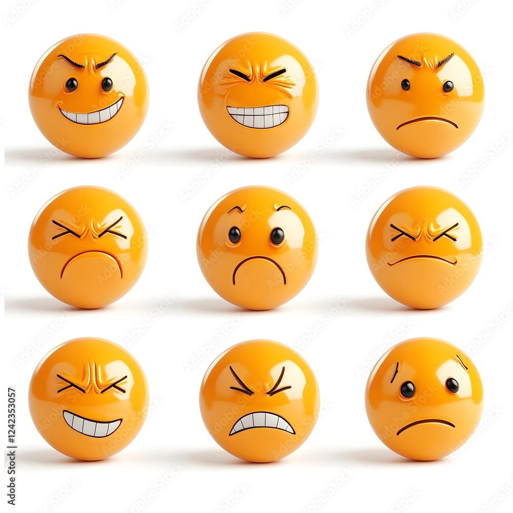 Fototapeta premium Assorted Cartoon style Expressive Emoticons on White Background