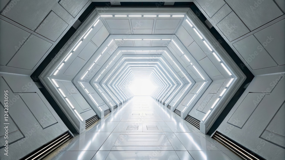 Fototapeta premium Futuristic hexagonal corridor with bright light at end and sleek minimalist design