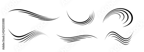 Wind motion lines set. Flowing waves collection. Blowing hurricane, breeze or storm line concept. Black swirls, curves and spirals bundle. Air movement and gust symbols pack. Vector