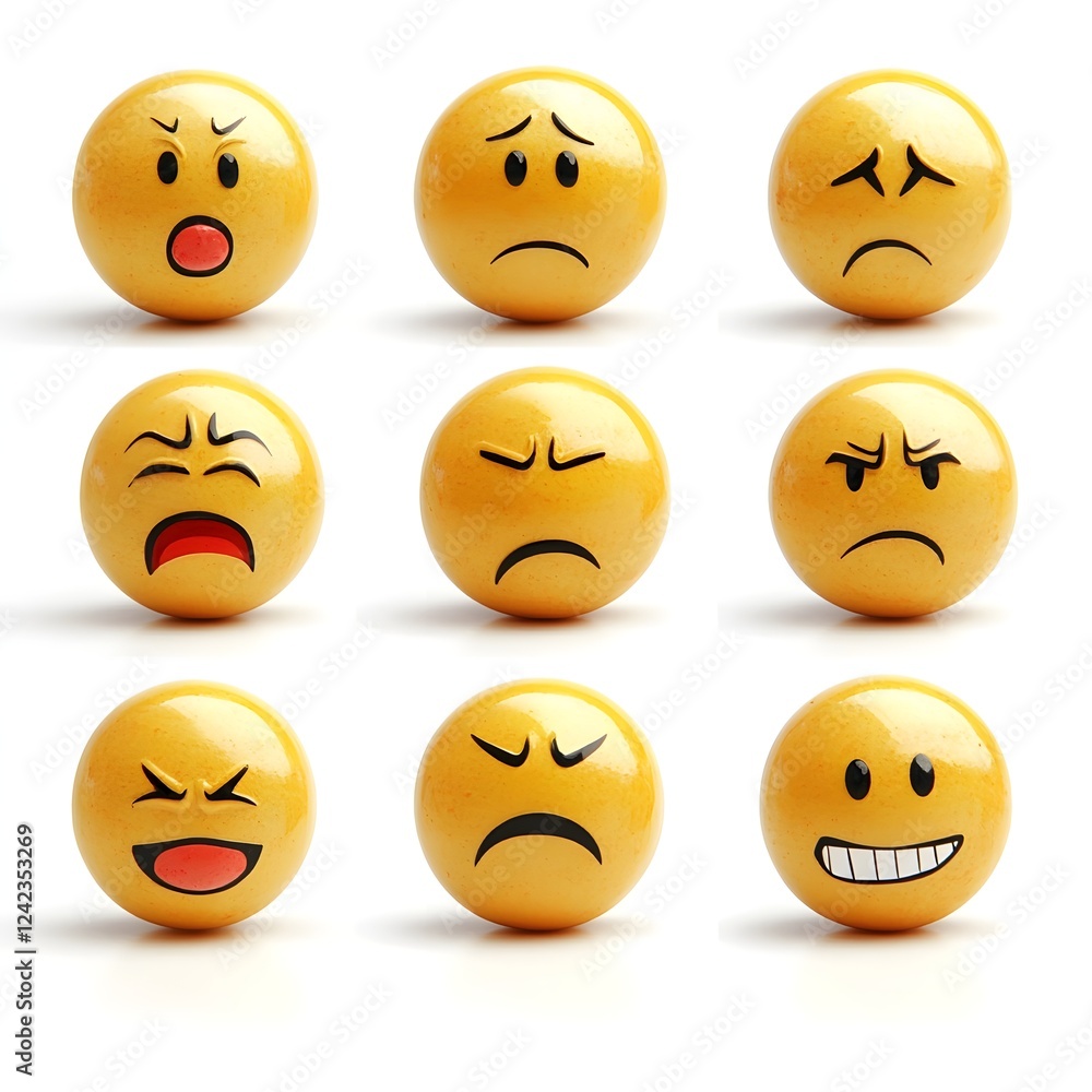 Fototapeta premium Collection of Expressive Facial Emojis Representing Genuine Human Emotions on Isolated Background