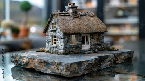 A cozy stone house with a thatched roof perched on a flat stone slab.  HD 8K wallpaper Photographic Image