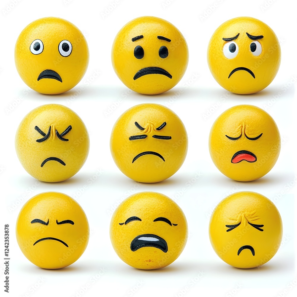 Diverse Expressions of Genuine Emotions Depicted in Clear Simple Spherical Icons on White Background Diverse Expressions of Genuine Emotions Depicted in Clear Simple Spherical Icons on White Background