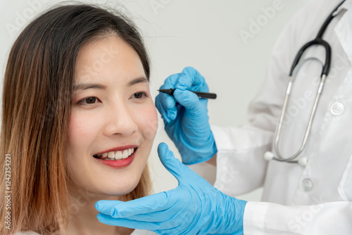 plastic surgery, beauty, Surgeon or beautician touching woman face, surgical procedure that involve altering shape of face, doctor examines patient face, medical assistance, health photo