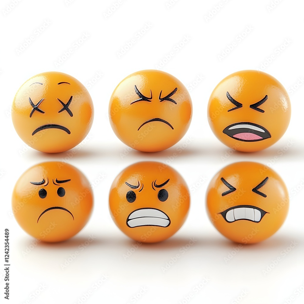 Fototapeta premium Diverse Emotional Expressions Depicted in Spherical Character Designs Against a White Background