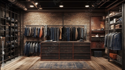Industrial Chic Clothing Boutique: Rustic Brick Walls, Metal Shelving, and Vintage Clothing Display
