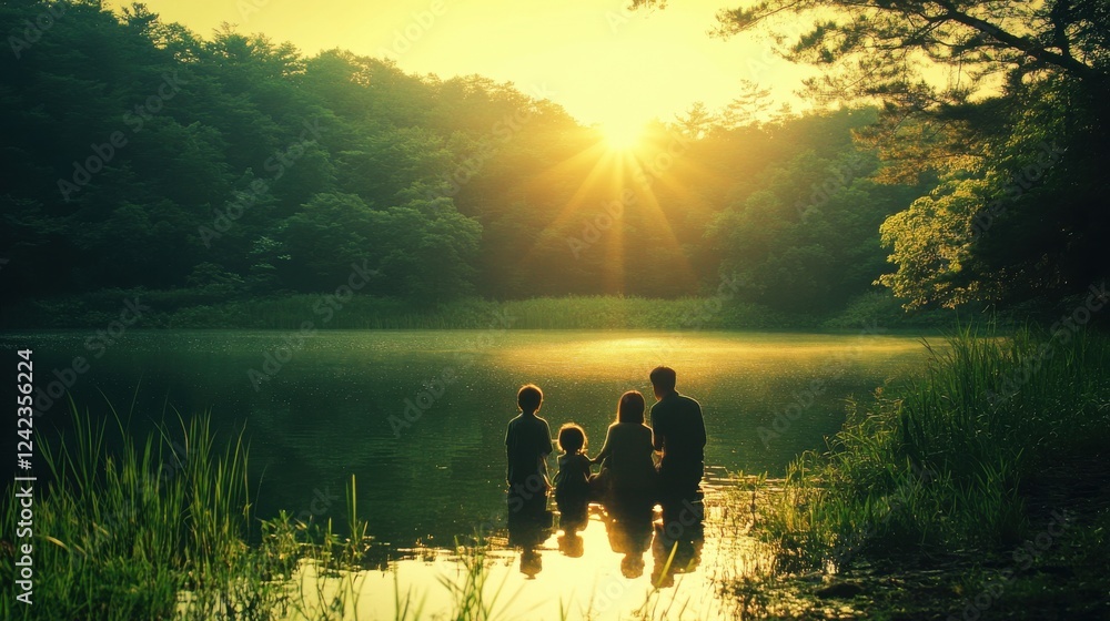 Family Enjoying Sunset by Serene Lake in Peaceful Nature Setting Family Enjoying Sunset by Serene Lake in Peaceful Nature Setting