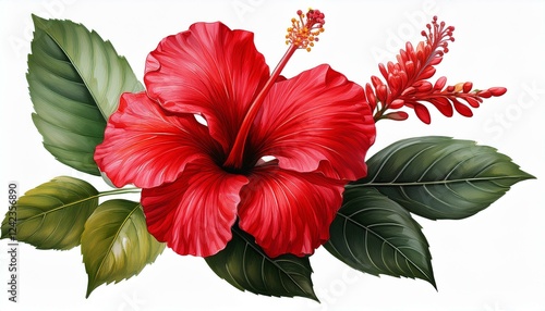 Wallpaper Mural red hibiscus flower and leaf isolated on transparent white background Torontodigital.ca