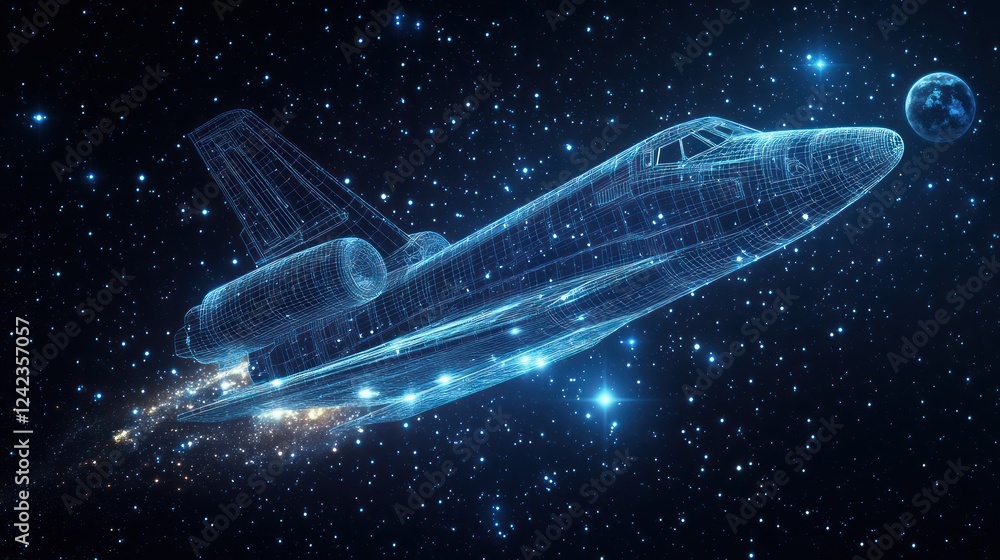 Fototapeta premium Wireframe spaceship soaring through starry cosmos near Earth.