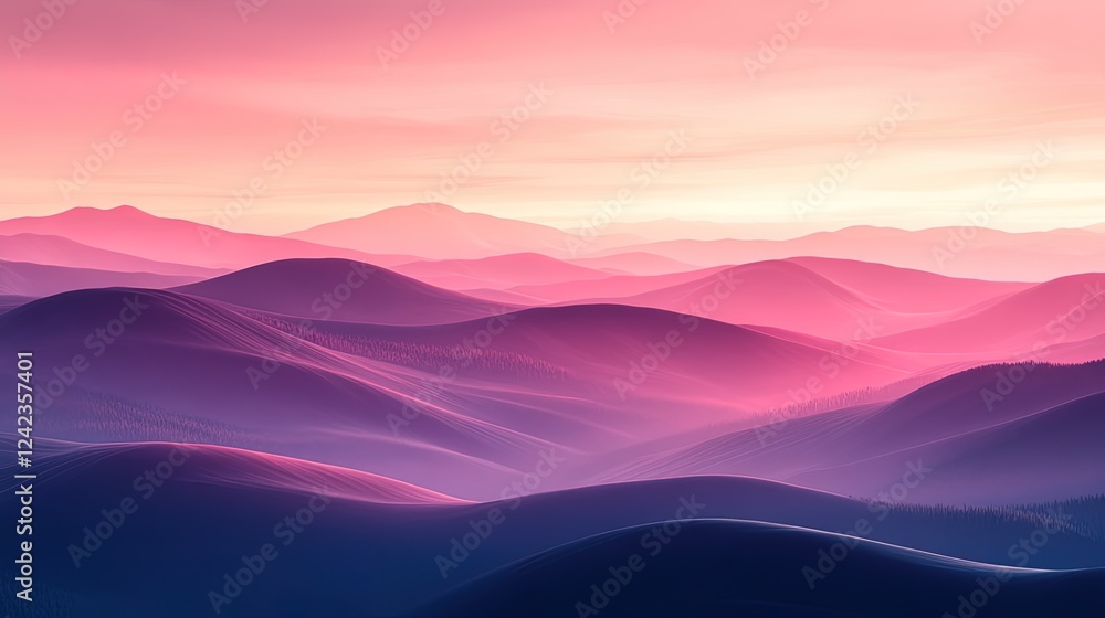 A gradient sky blending soft lavender and warm coral over abstract rolling hills A gradient sky blending soft lavender and warm coral over abstract rolling hills