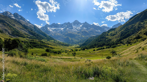 Wallpaper Mural serene mountain landscape with clear blue sky and lush green valleys. majestic peaks rise in background, creating breathtaking view Torontodigital.ca