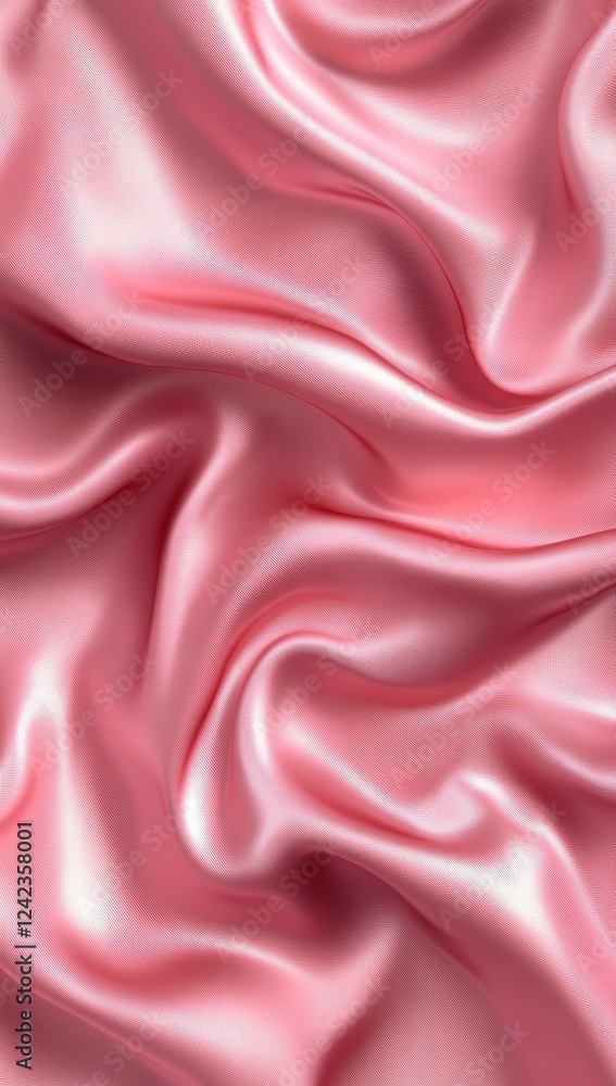 Fototapeta premium Pink silk fabric drapes, soft folds, close-up, background blur, textile design