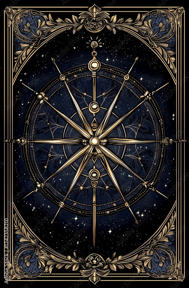 Obraz premium A gold and blue framed image of a compass with a star on it. The compass is surrounded by stars and the frame is gold
