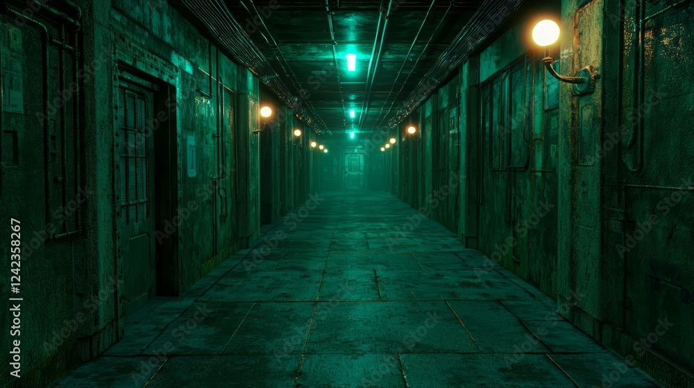 Old Warehouse Corridor with Flickering Lights and Atmospheric Shadows Old Warehouse Corridor with Flickering Lights and Atmospheric Shadows
