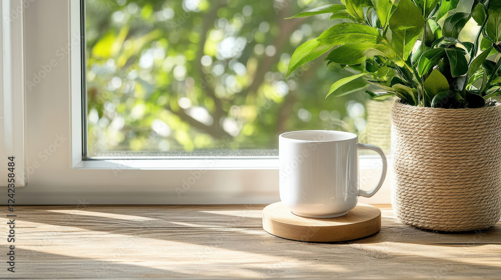 Obraz premium serene kitchen scene with white mug and potted plant by window