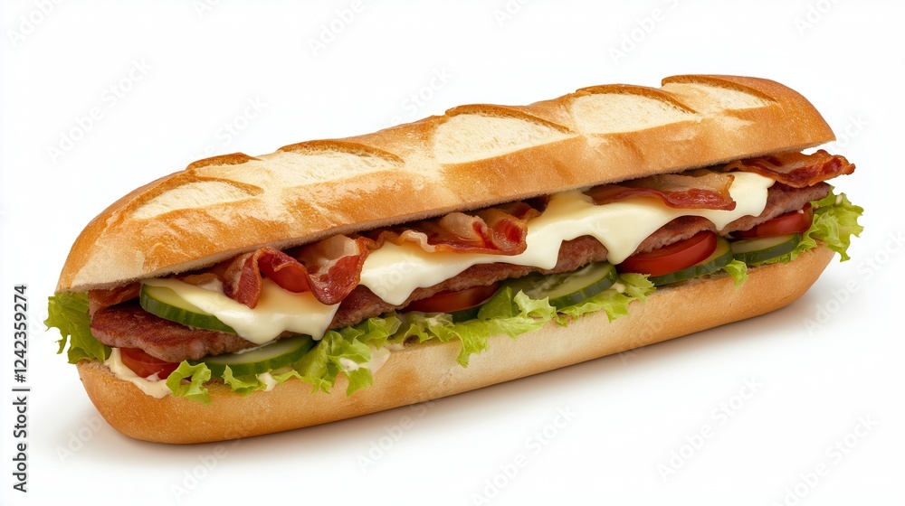 Delicious burger containing cheese, bacon, onion, cucumbers, tomatoes and lettuce, isolated on white background Delicious burger containing cheese, bacon, onion, cucumbers, tomatoes and lettuce, isolated on white background