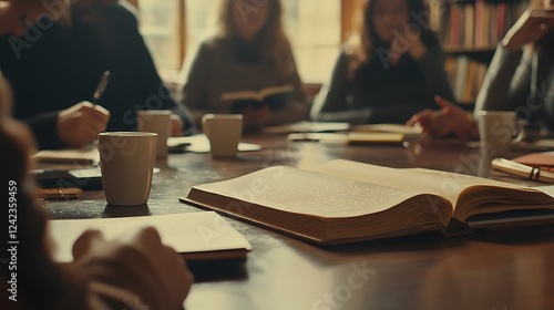 A group of people are sitting around a table with a book open in front of them