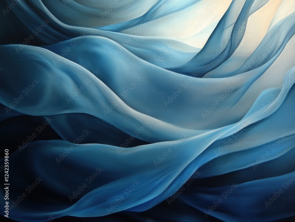 Obraz premium Painting of blue and white waves mixed with elegant black satin fabric folds and highlights