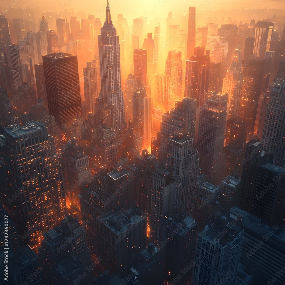Obraz premium Dramatic Sunrise Illuminating the Sprawling Concrete Jungle of a Bustling Metropolis
