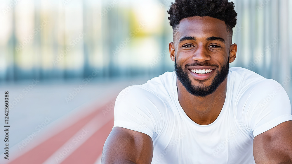 Fototapeta premium smiling athlete in white shirt, ready for track and field activities