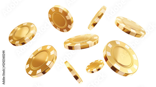 Golden casino chips falling isolated on white and transparent background, cut out png