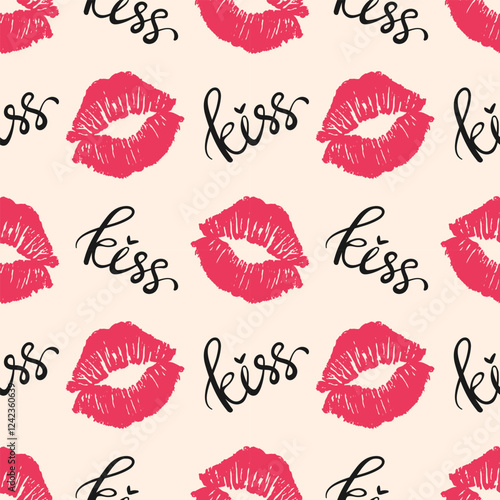 Female red lipstick kiss seamless pattern with kiss lettering quote. Valentine's Day background. Vector illustration.