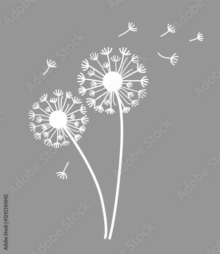 Vector illustration of dandelion flower blowing in the wind. Black dandelion seeds flying in the wind. Dandelion wildflowers in distinct vector style.