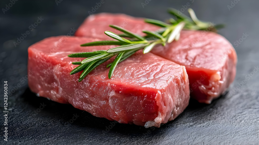 Raw beef steaks rosemary garnish, dark background, food photography, recipe Raw beef steaks rosemary garnish, dark background, food photography, recipe