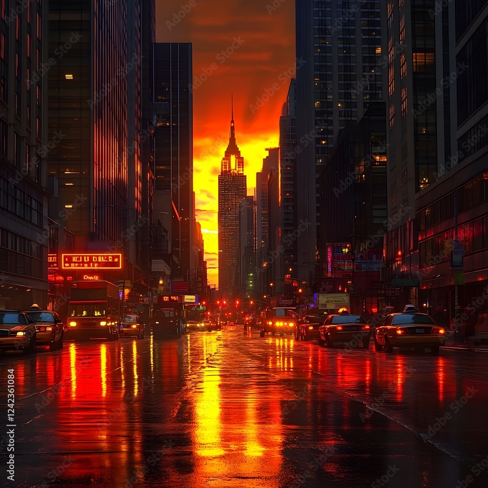 Fototapeta premium Vibrant Sunset Over Bustling Urban Cityscape with Glowing Skyscrapers and Neon Reflections