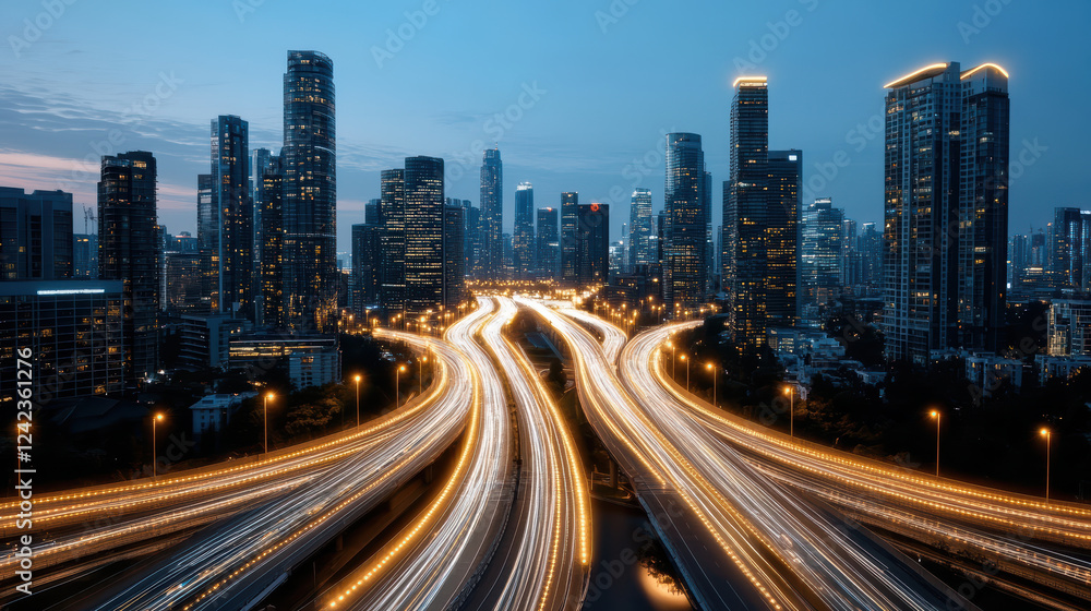 Aerial view of smart city with illuminated highways and skyscrapers Aerial view of smart city with illuminated highways and skyscrapers