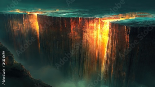 A glowing abstract canyon illuminated by cascading light from above
