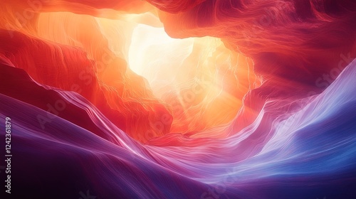 A glowing abstract canyon illuminated by cascading light from above
