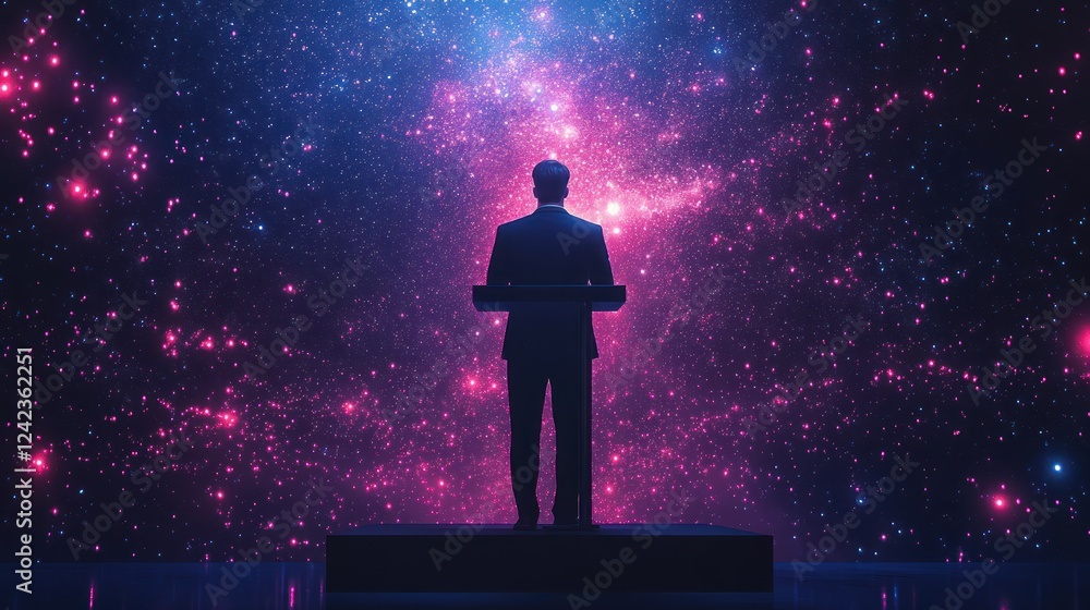 Fototapeta premium Businessman giving speech against cosmic backdrop.