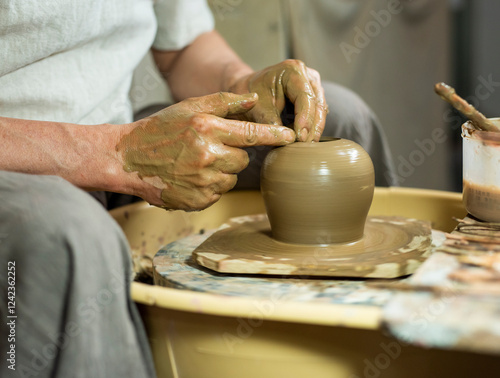 Artisan Shaping Clay on a Pottery Wheel in a Workshop photo