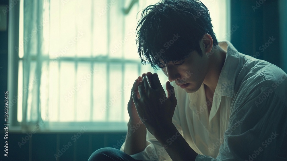 Man, sadness, indoor, window, light, pensive mood, emotional portrait, mental health awareness Man, sadness, indoor, window, light, pensive mood, emotional portrait, mental health awareness